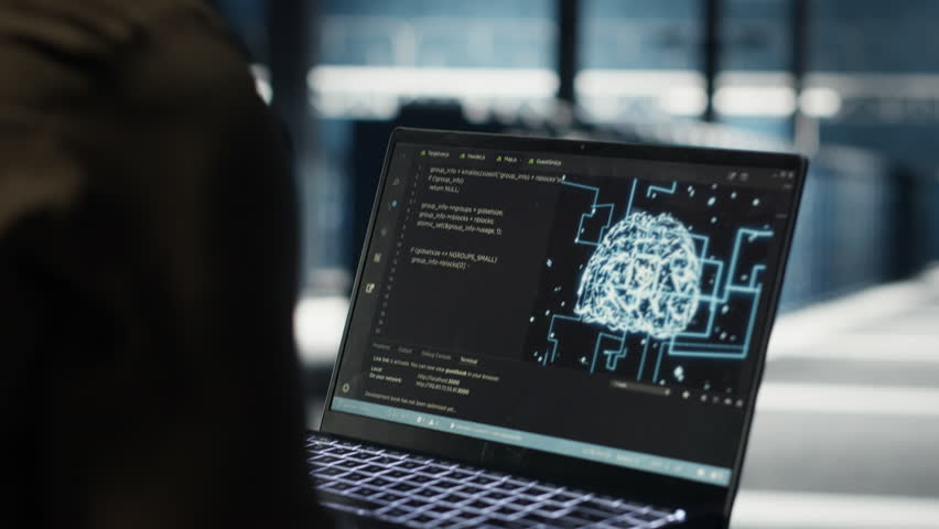 Data center computer scientist doing AI data analysis on laptop to upgrade infrastructure. Server room IT specialist using notebook to manage storage systems for neural networks datasets - Powered by Shutterstock - Get 15% off with code: PIKWIZARD15