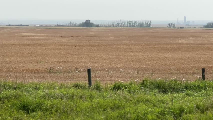 Point of view driving past wide farm fields with crops, barns, and rural scenery under a bright autumn sky in the Canadian prairies