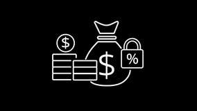Money Bag With Dollar Sign Stacked Coins and Padlock Icon on Black Background Keywords: money bag, dollar sign, coins, stack, savings, finance, security, lock, padlock, percentage, icon, symbol - Powered by Shutterstock - Get 15% off with code: PIKWIZARD15