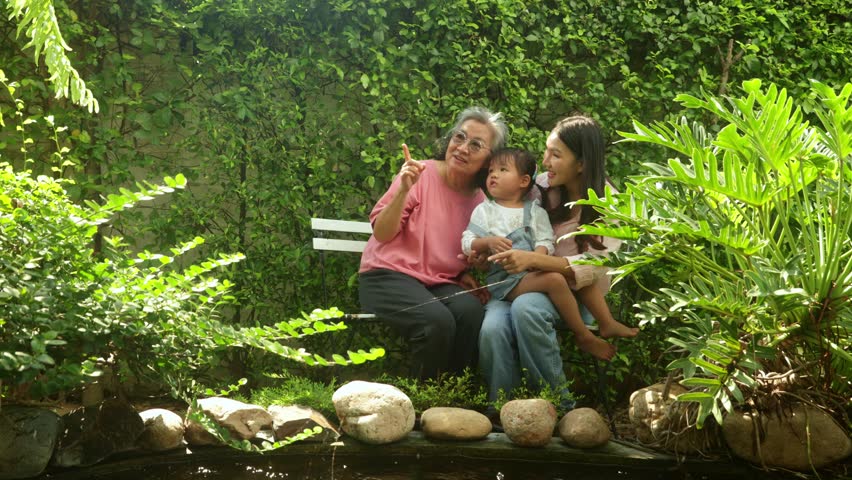 Happy elderly mother her adult daughter and granddaughter sit relaxing and enjoying the peaceful atmosphere beside koi pond enjoying the lush nature of her home : Happy retired women reunited.