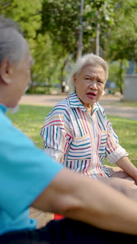 Senior asian man and woman couple of best friend enjoy a delightful picnic under the trees, sipping orange juice and sharing laughter in a park, creating lasting memories together, talk and relax