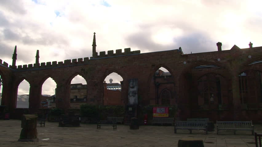The old 14th Century ruins of Coventry Cathedral, destroyed by German bombs in the Second World War.