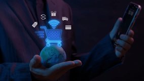 Digital payment concept, E-commerce interface with mobile wallet, secure payment systems, and online shopping transaction flow. Businessman shows animated online shopping icon on virtual screen. - Powered by Shutterstock - Get 15% off with code: PIKWIZARD15