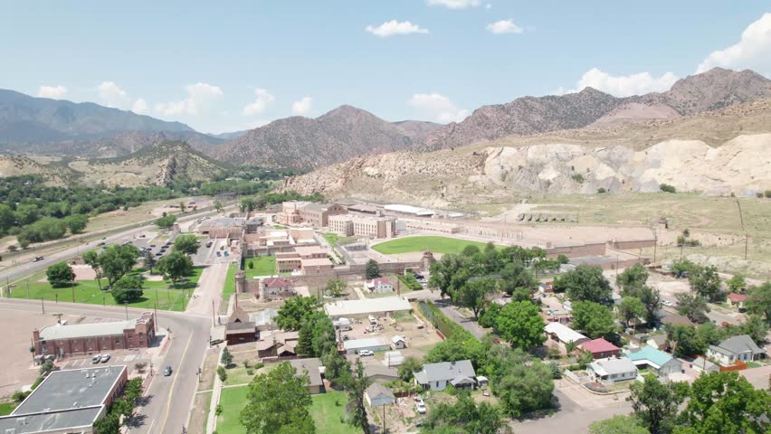 Aerial footage of Colorado Territorial Correctional Facility and mountains outside Canon City Colorado