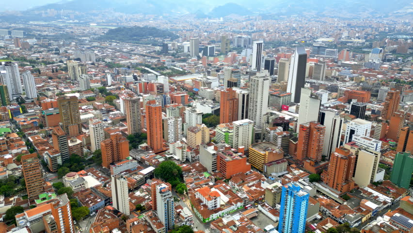 Aerial drone view of Medellin, historic hillside town in Colombia in daylight