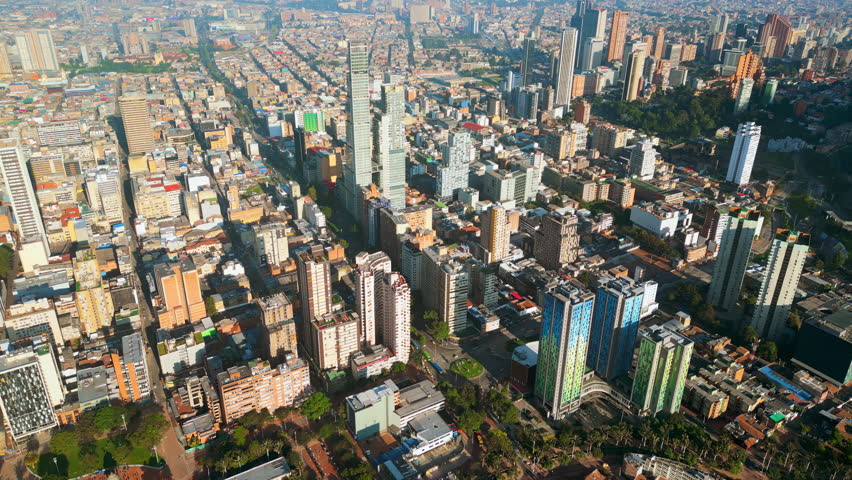 Aerial drone view of the skyline of Bogota, Colombia in daylight