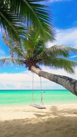 Tropical beach with palm tree and swing on ocean background. Summer vacation in tropical paradise concept 4K Vertical video