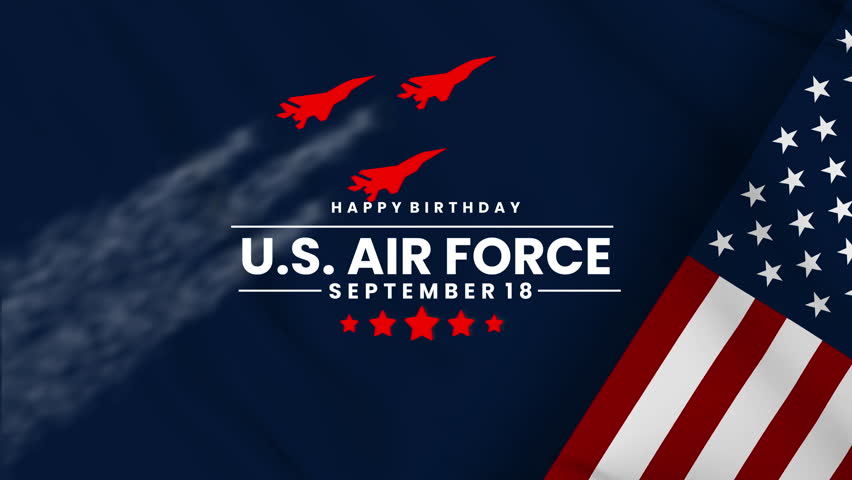 U.S. Air Force Birthday text animation with US flag waving.