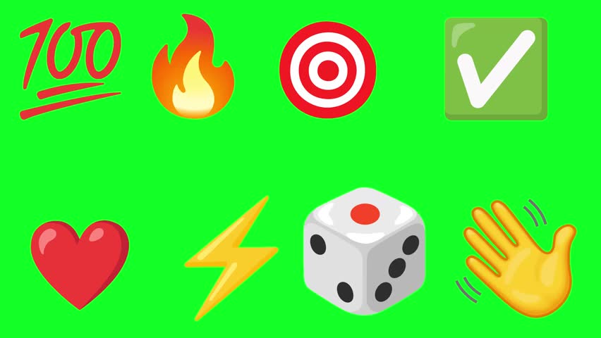 Animated emojis on bright blue background, featuring 100, fire, target, heart, lightning, dice, and waving hand. Perfect for digital use.