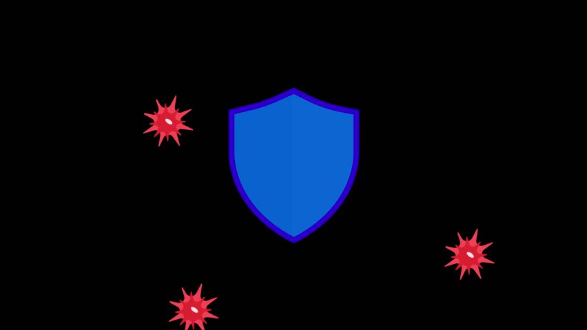 Active immunity shield animation blocking viruses and bacteria with flying germs bouncing off for medical explainer videos.