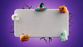 Looping video of a blank text box for Happy Halloween message with pumpkins, witch hat, skull and ghost on a purple background in 3D animation - Powered by Shutterstock - Get 15% off with code: PIKWIZARD15
