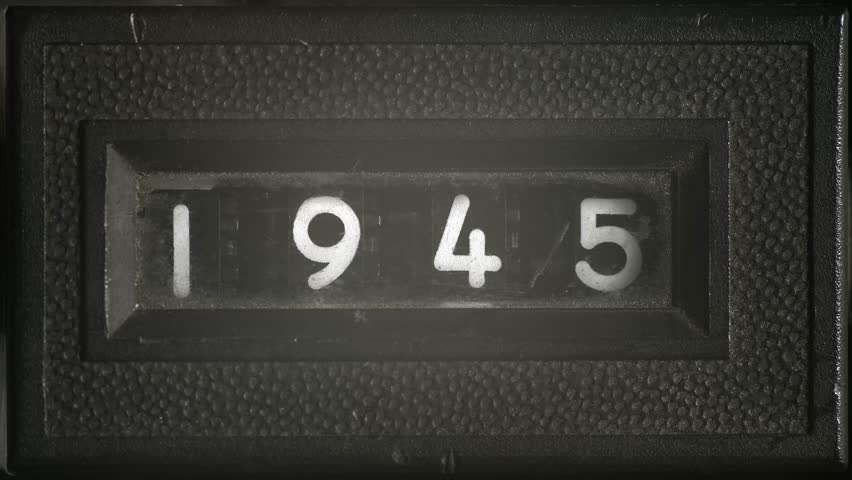 Analog counter scrolls from 1945 to 1950, retro numeric display symbolizing post-war years, time passage, countdown, and mid-20th century history.