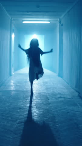 Haunted Halloween corridor creepy child dirty gown messy hair eerie slow motion dance flickering ceiling lamp scary horror cosplay frightening cinematic spooky ghostly atmosphere terrifying