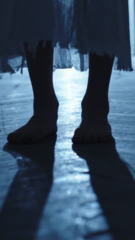 Creepy Halloween child slow motion reveal bare feet to face dirty gown messy hair heavy stare camera rising haunted corridor flickering ceiling lamp cold fog spooky horror cosplay eerie vibe