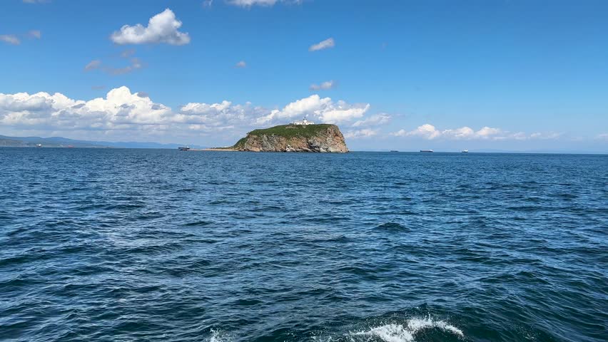 Church on a rocky island in the sea.Vladivostok
