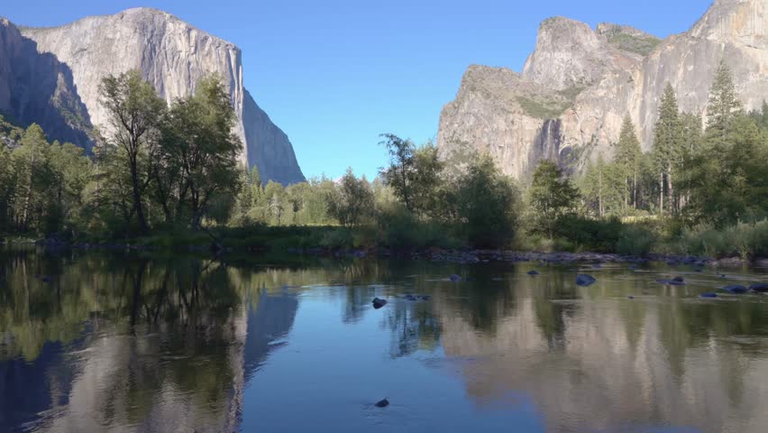 Yosemite National Park stream reflecting El Capitan and Bridalveil waterfall.