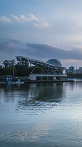 Day-to-night time-lapse of the Shell Theater in Chaoyang Park, Beijing, China