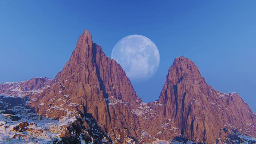 Aerial view of a majestic mountain peak under the night sky with a glowing full moon, creating a dramatic and mystical landscape. Perfect for nature, travel, backgrounds, science, and inspirational 