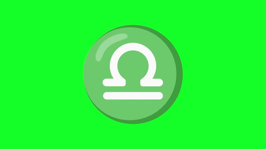 Animated Libra icon featuring the balanced scales symbol moving over a bright green chroma key background, ideal for astrology videos and editable overlays.