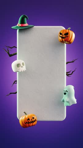 Looping video of a blank text box for Happy Halloween message with pumpkins, witch hat, skull and ghost on a purple background for social media post or stories template in 3D animation