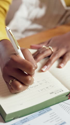 Woman, hands and writing with diary for schedule planning, agenda or tasks with to do list on desk. Closeup, female person or planner with notebook or pen for notes, reminder or track productivity