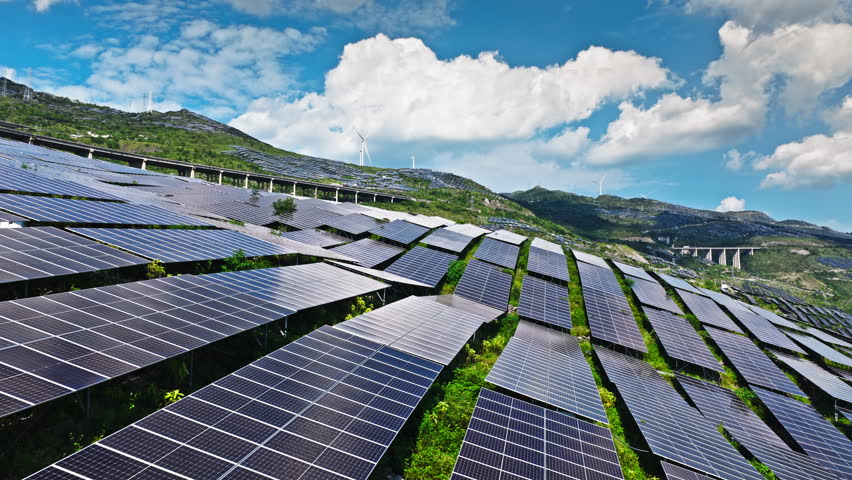 Aerial shot of a large solar farm with photovoltaic panels covering the green mountain slopes, generating clean and renewable electricity under blue sky.