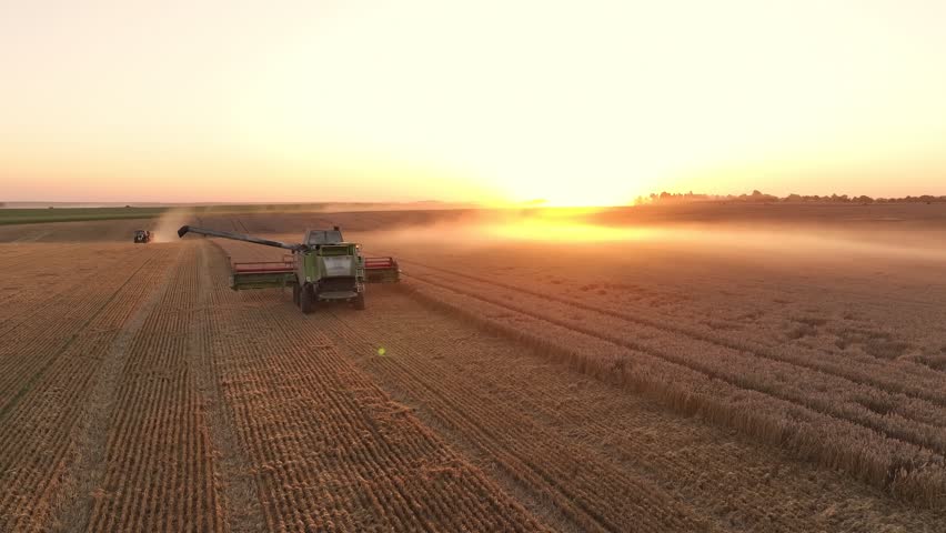 Rural non urban scene, on the field. Agricultural machine harvesting wheat.