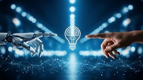 Futuristic Human and Robot Hand Touching Glowing Light Bulb – AI Technology Connection Animation - Powered by Shutterstock - Get 15% off with code: PIKWIZARD15