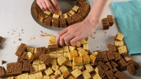 Pastry chef hands arranging small chocolate and vanilla sponge cake cubes on plate. Baker preparing biscuit cake sweet dessert treat. Culinary skills, cuisine homemade prepare domestic food recipe. - Powered by Shutterstock - Get 15% off with code: PIKWIZARD15