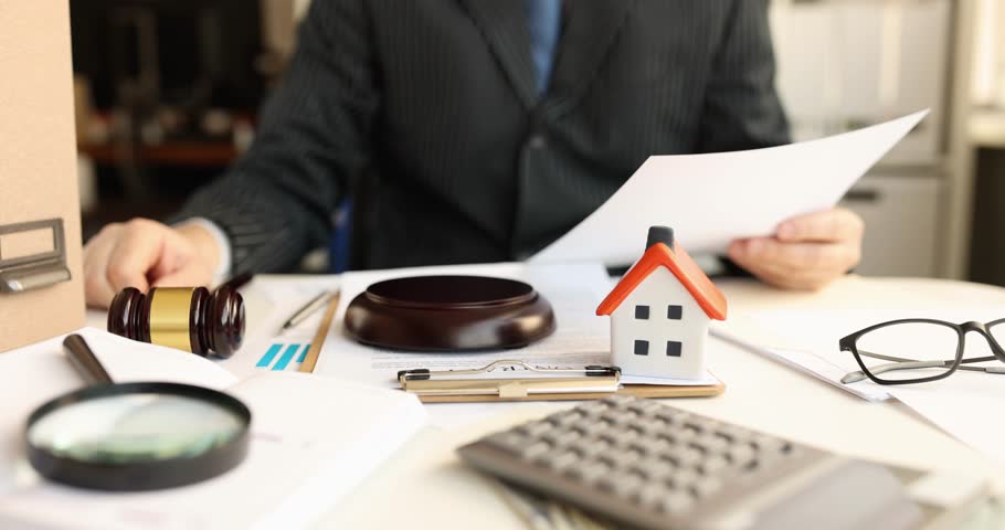 Judge strikes gavel on sound block making firm legal decision. Desk includes house model creating context of real estate or property law in office