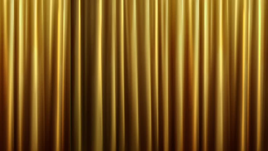 Elegant golden curtain opening to reveal a green screen background. Luxurious fabric movement creating cinematic effect. Perfect for video intros, theater, transitions, or stage performance mockups.