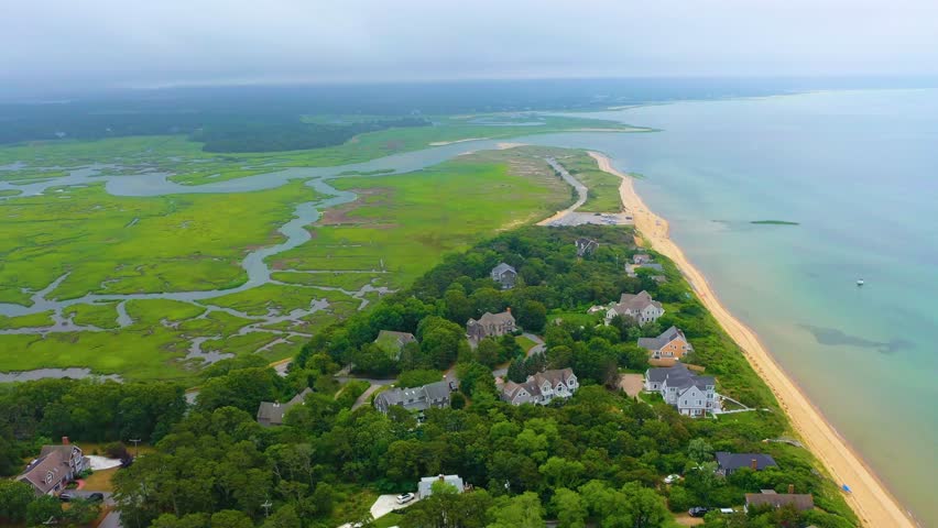 Aerial view of expansive coastal marshes meeting the sandy shoreline on an overcast day, with residential beach houses nestled among trees and calm ocean waters stretching into the distance.