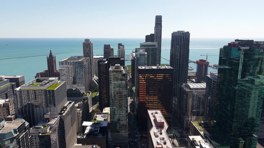 Aerial View of Downtown Chicago Towers and Skyscrapers. Condominiums by Lake Michigan, Illinois USA