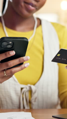 Hands, phone and credit card for payment in home with documents, bills or happy for debt management. Person, smartphone and mobile app with digital banking, fintech and easy transaction at apartment