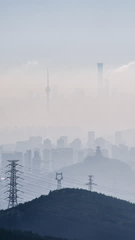 Iconic buildings and cityscape of Beijing, China, shrouded in mist