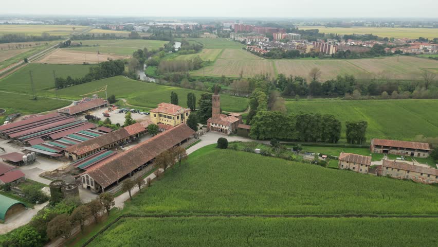 Aerial view of Lombardy agricultural cascina. Lombardy, Italy