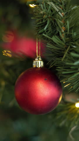 Christmas, tree and red bauble in home for holiday, festive season and party celebration in house. Ornament, xmas and decoration for December tradition, bokeh lights and new year event in living room