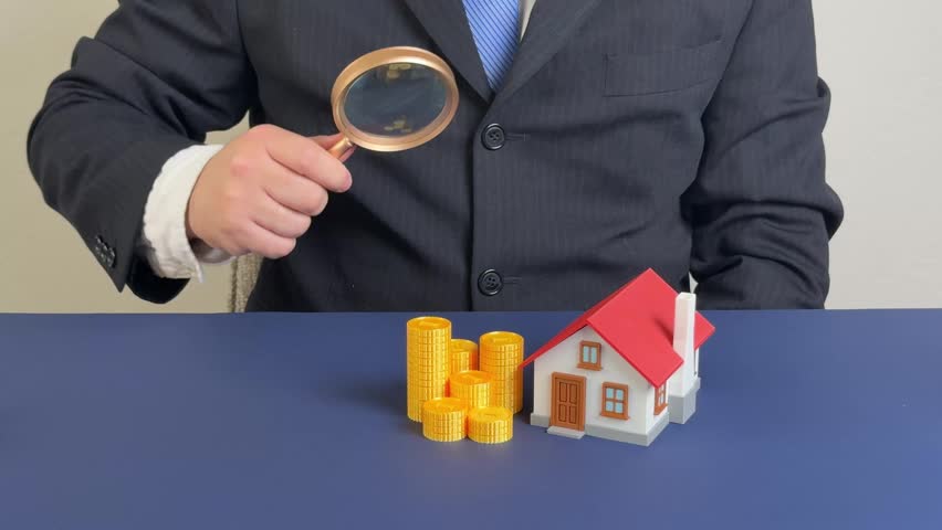 Businessman holding a magnifying glass over a house. Real estate appraiser. Property valuation or appraisal. Find a house. Search for housing. Real estate market analysis. Coins