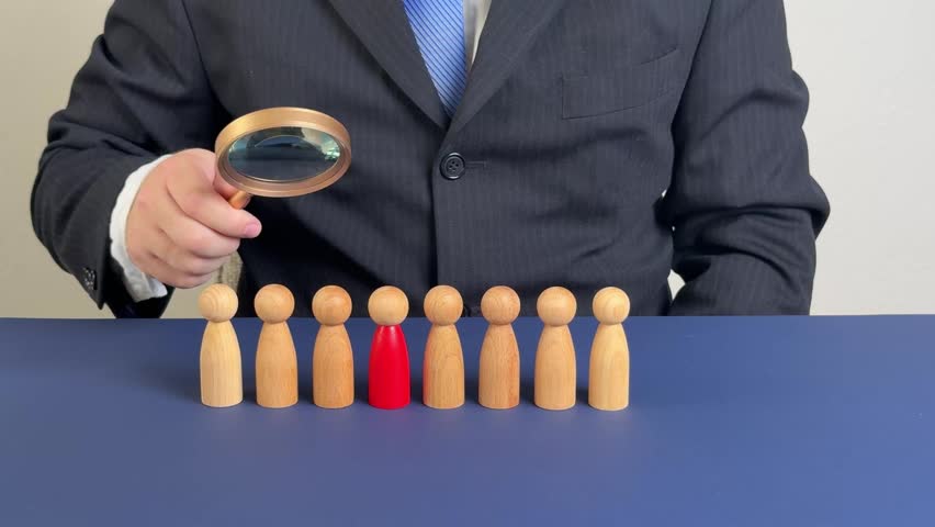 A man evaluates people figures through a magnifying glass. Search for candidates. Selection of people. HR management. Candidate review. Employment choice. Workforce selection.