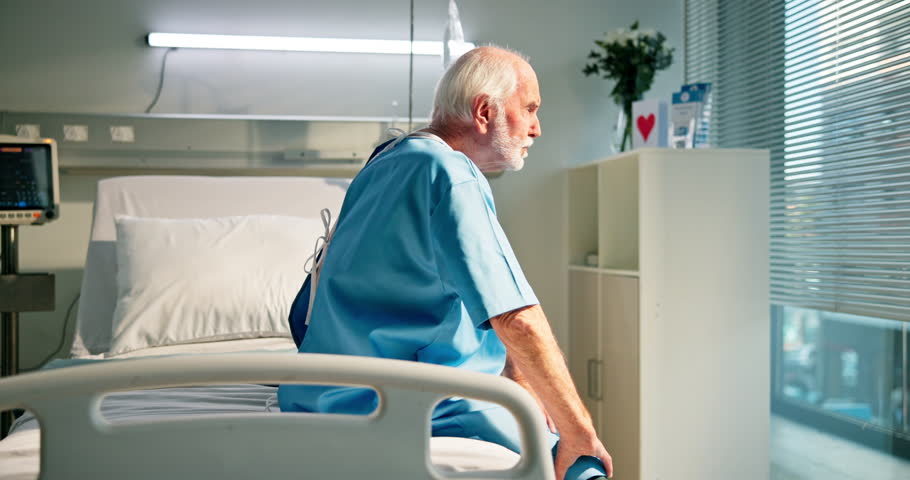 Thinking, sick and senior man in hospital, cancer and illness with emotion, contemplation and sad. Mature person, patient and healthcare facility with stress, anxiety and chronic disease with virus