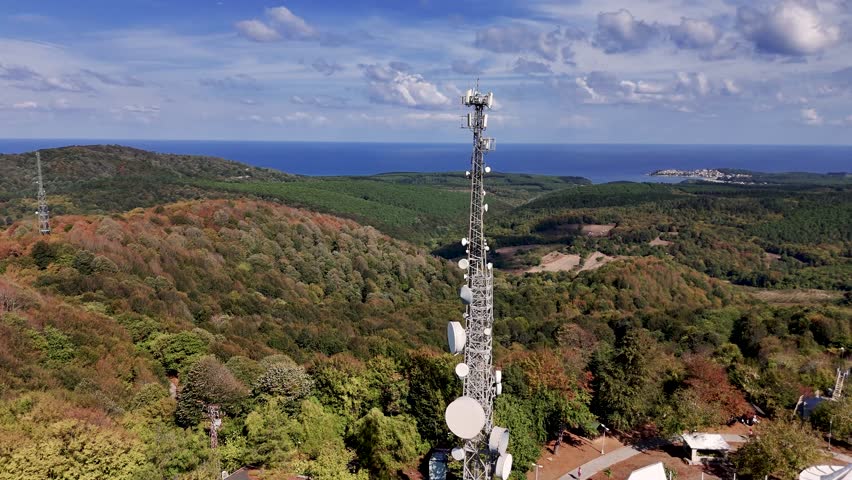 Telecommunication towers provide coverage to the city of Kocaeli, Turkey, nestled amidst a mountainous landscape