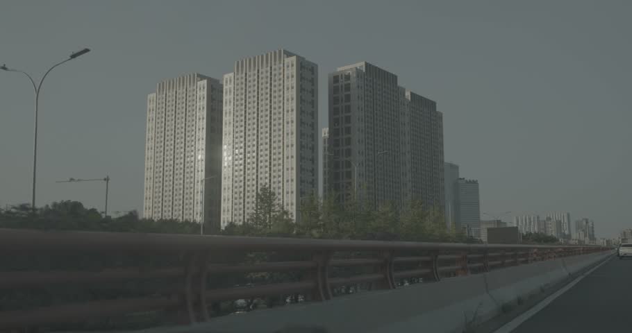 Chengdu, Sichuan, China. Ungraded C LOG 2, High-rise Houses Elevated View Cityscape Skyline. Urban Residential Areas. Real Estate, Development Industry. Clear Blue Sky. Chengdu Is Capital City Of