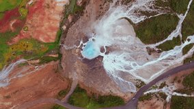Aerial view of a blue geothermal hot spring in Iceland, surrounded by white mineral deposits, earthy tones, green vegetation, and a visible road. - Powered by Shutterstock - Get 15% off with code: PIKWIZARD15
