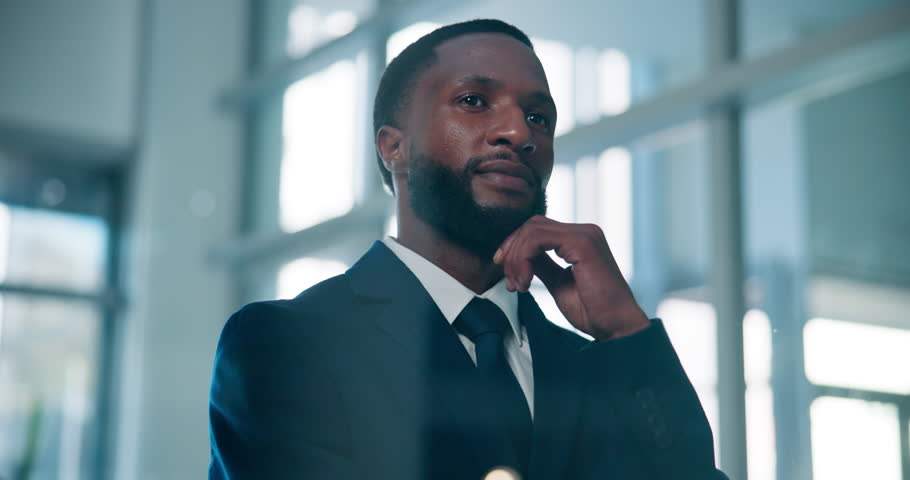 Thinking, professional and black man in office with solution, choice or decision for finance career. Problem solving, business and African financial manager with ideas or brainstorming in workplace.