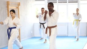 Diligent middle-aged male attendee of karate classes practicing kata standing in row with others in sports hall - Powered by Shutterstock - Get 15% off with code: PIKWIZARD15