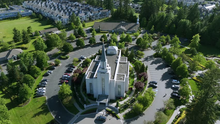 The Church of Jesus Christ Of Latter-day Saints In Langley, British Columbia, Canada. Aerial Drone Shot