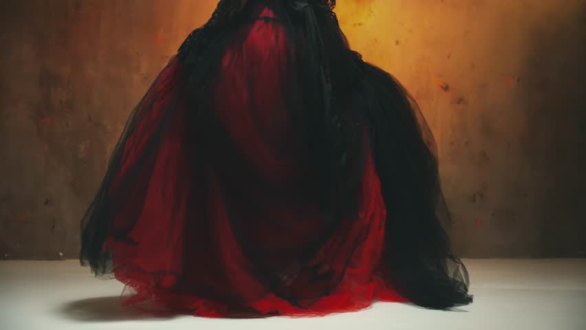 Portrait young woman with sugar skull art make-up on face eyes red lips roses in hair black dress waving in motion. Halloween costume holiday concept. Sexy Girl Calavera, day of the dead santa muerte.