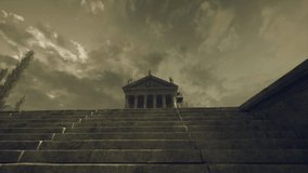 A view from the bottom of stone steps ascending to an ancient temple. Dark clouds loom overhead as the structure stands majestically. The atmosphere is both somber and awe inspiring. - Powered by Shutterstock - Get 15% off with code: PIKWIZARD15