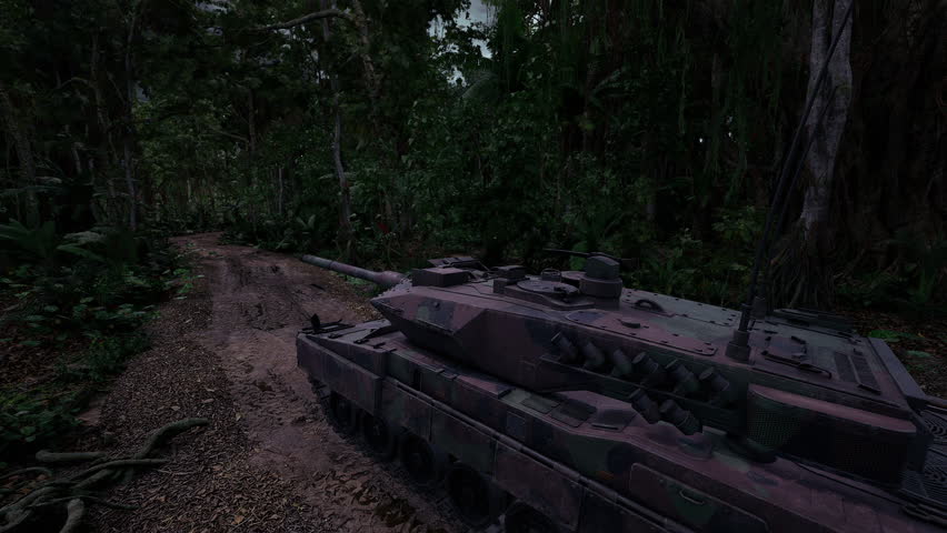 A military tank moves cautiously along a rough path in a thick jungle surrounded by lush vegetation and towering trees under a cloudy sky.