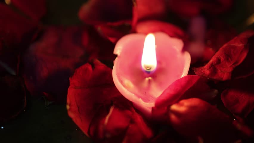 intimate candlelight setup with rose petals for honeymoon night at indoor